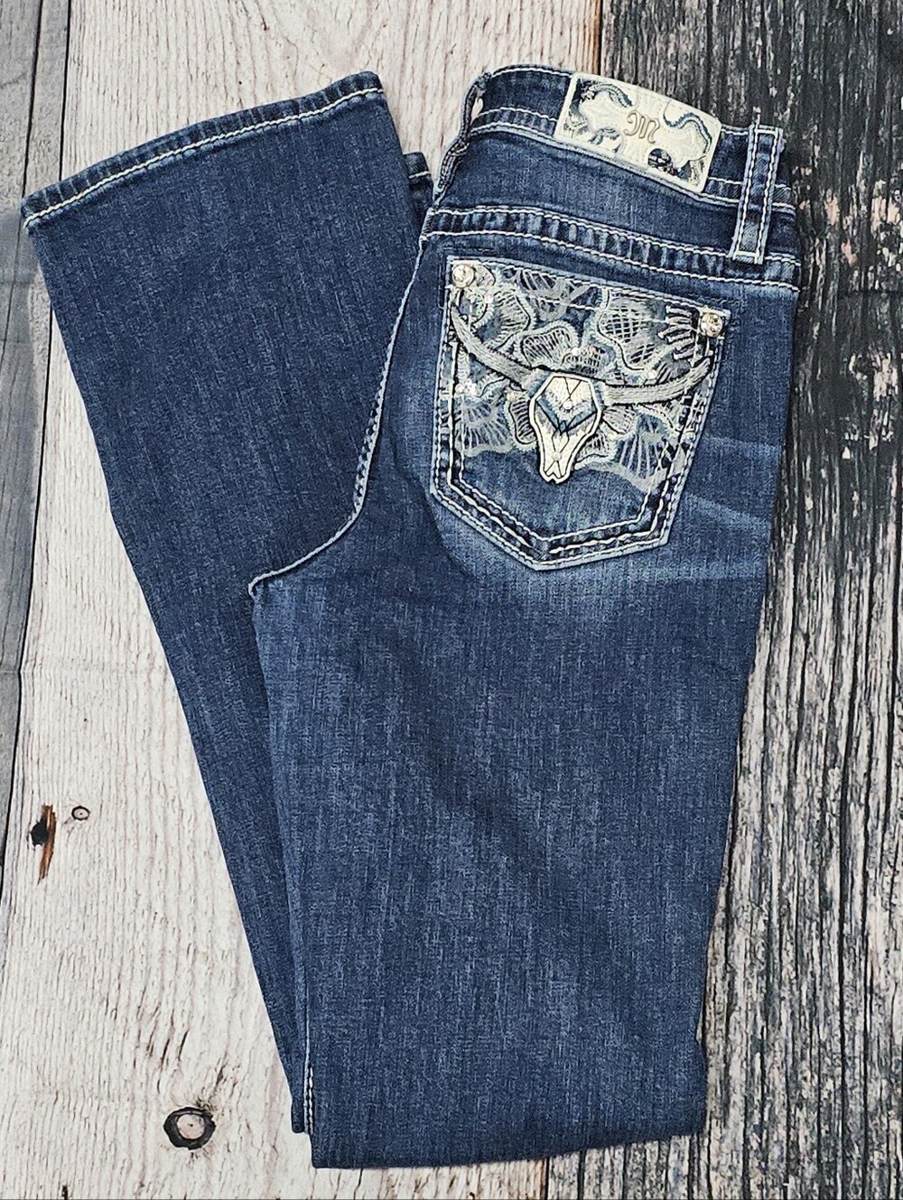 Miss Me Mid-Rise Boot Y2K Jeans Embellished Longhorn Pockets Western Size 28